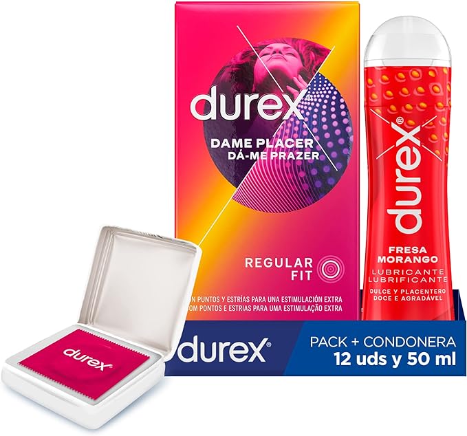 Durex Pack Preservativos Dame Placer 12 Condones + Durex Lubricante Sabor y Aroma Fresa de Base Agua - 50 ml